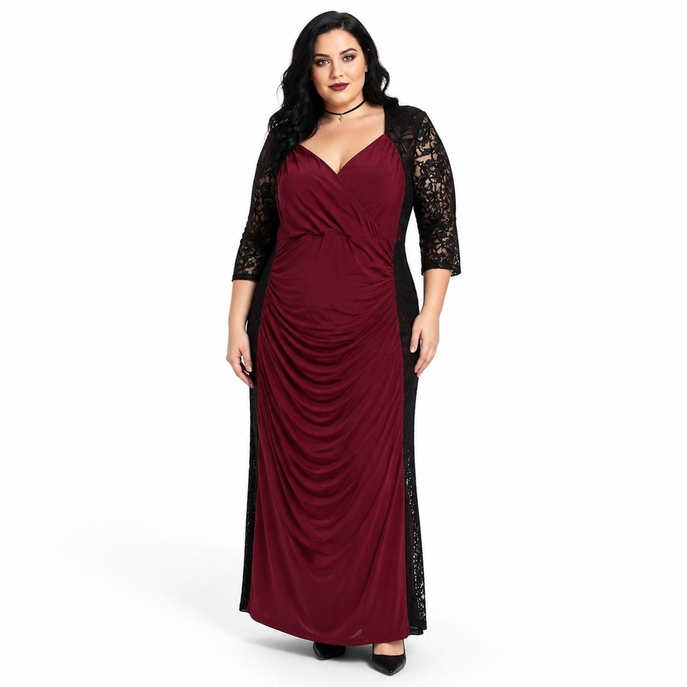 Kiyonna Plus Size Valentina Long Sleeve Lace Illusion Dress Red Black Size 2x